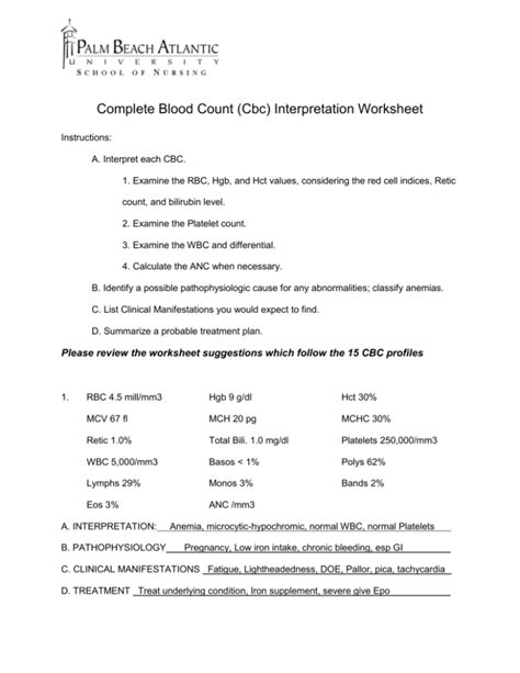 Complete Blood Count (Cbc) Interpretation Worksheet .
